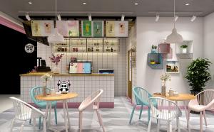 奶茶店吧臺設(shè)計，奶茶店吊頂效果圖，奶茶店墻飾效果圖，鄭州奶茶店裝修